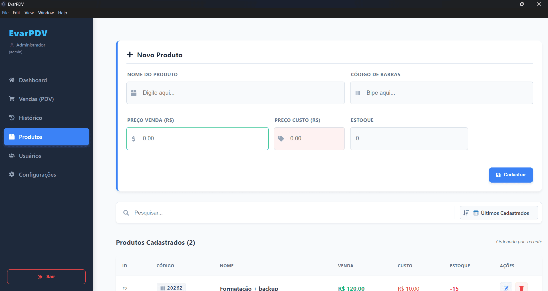 Cadastro de Produtos